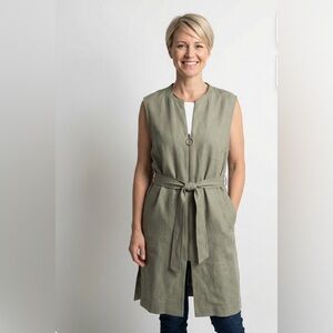 NAMU Belted Linen Sleeveless Midi Dress Vest V- Neckline‎ Minimalist Large
